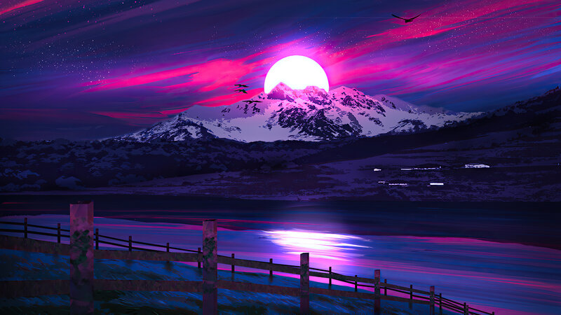 Mountain Range at Dusk — Purple, Dramatic, Night, Digital Art, Sun