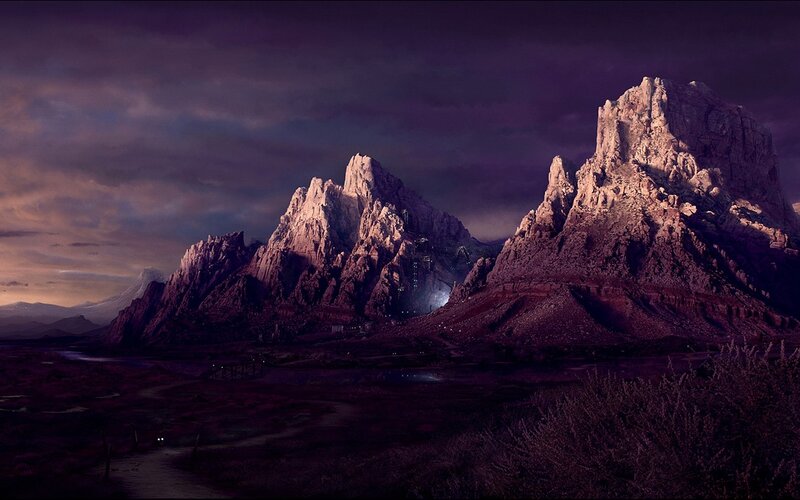 Mountain Range at Dusk — Purple, Dramatic, Night, Digital Art