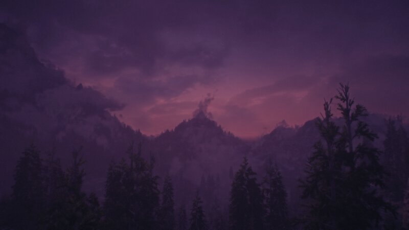 Mountain Range at Dusk — Purple, Dramatic, Night, Digital Art, Trees, Clouds