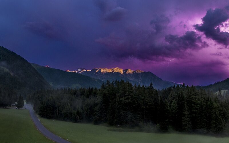 Mountain Range at Dusk — Purple, Dramatic, Night, Photograph, Forest