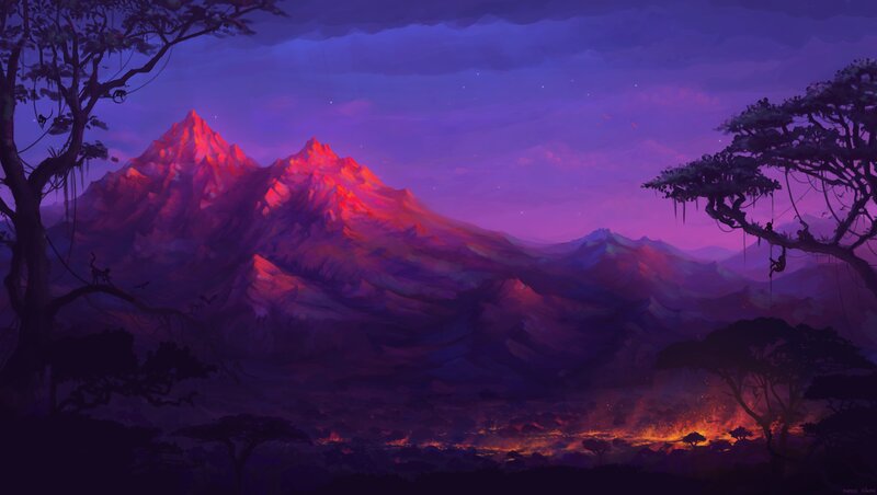 Mountain Range at Dusk — Purple, Dramatic, Sunset, Digital Art