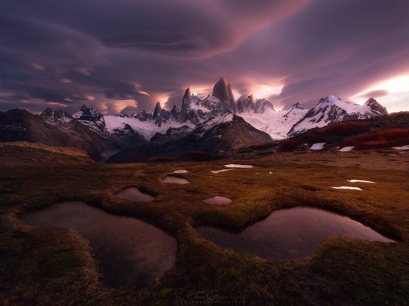 Mountain Range at Dusk — Purple, Dramatic, Sunset, Photograph, Snow-capped Peaks