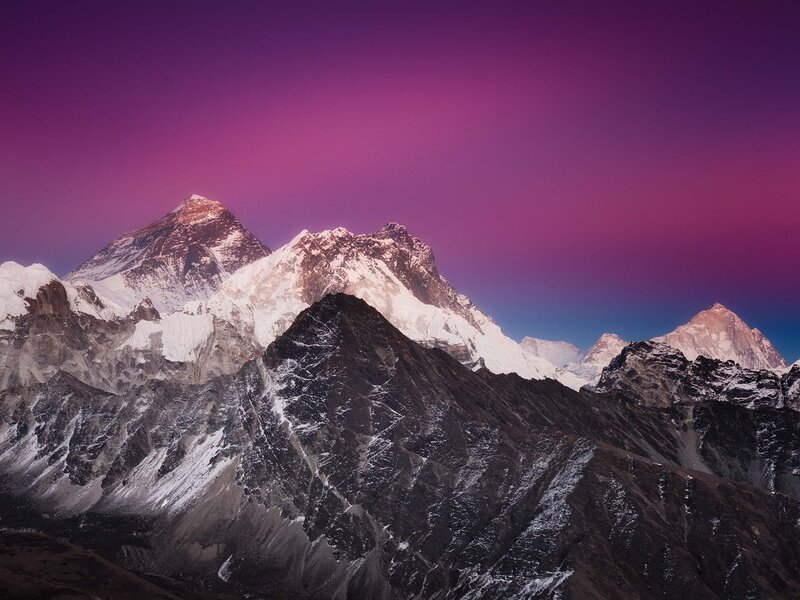 Mountain Range at Dusk — Purple, Dramatic, Sunset, Photograph, Snow