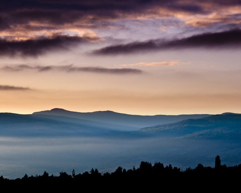 Mountain Range at Dusk — Purple, Serene, Photograph, Clouds, Fog, Trees, Orange, Blue