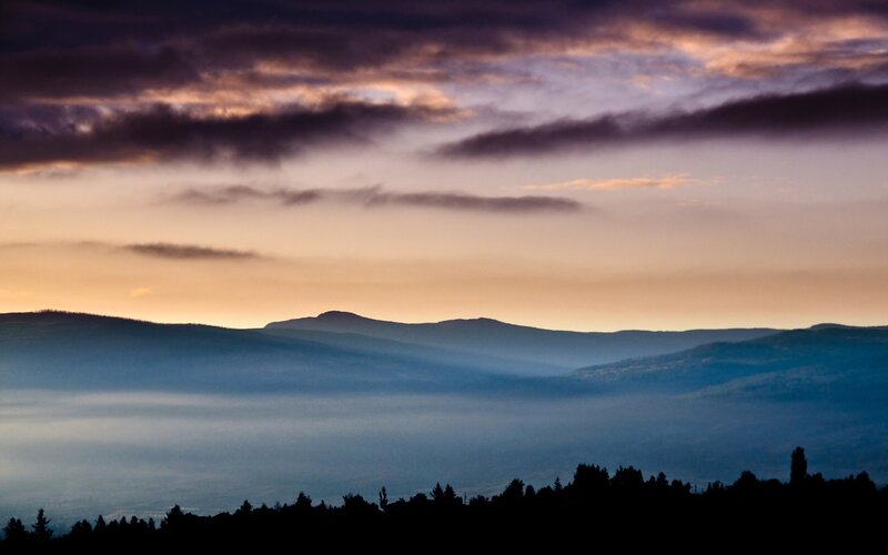 Mountain Range at Dusk — Purple, Serene, Photograph, Clouds