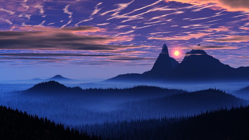 Mountain Range at Dusk — Purple, Serene, Sunset, Digital Art, Sun