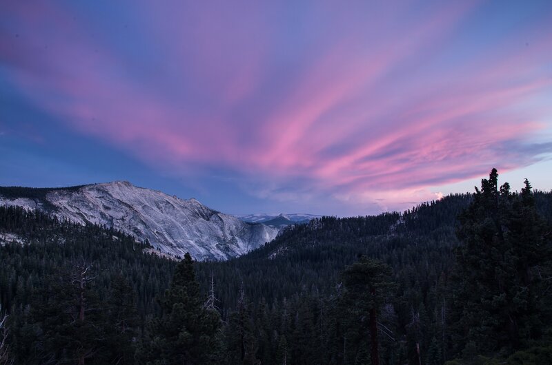 Mountain Range at Dusk — Purple, Serene, Sunset, Photograph, Forest, Clouds