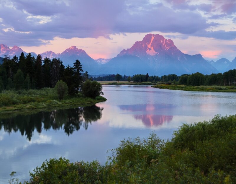 Mountain Range at Dusk — Purple, Serene, Sunset, Photograph, River