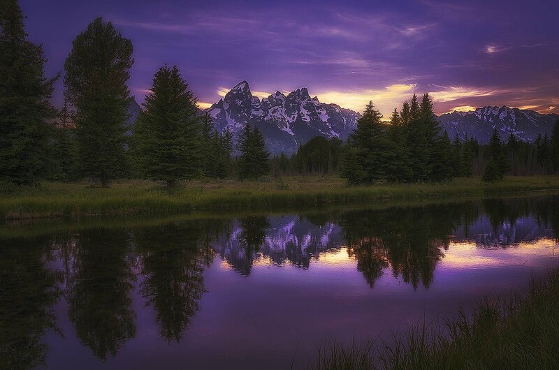Mountain Range at Dusk — Purple, Serene, Sunset, Photograph, Trees