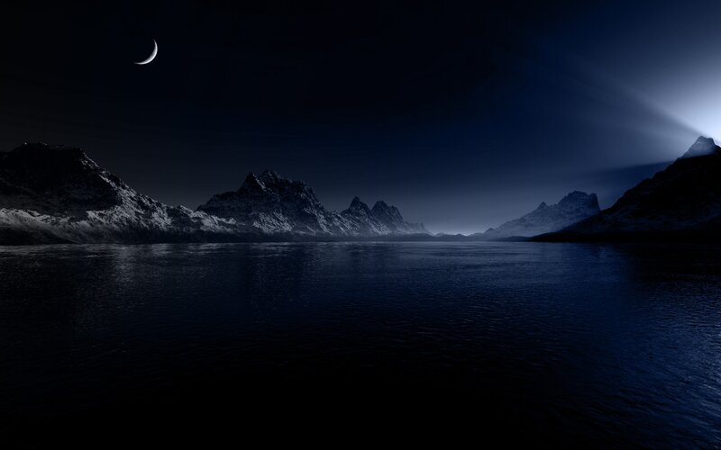 Mountain Range at Night — Blue, Serene, Digital Art, Moon, Lake