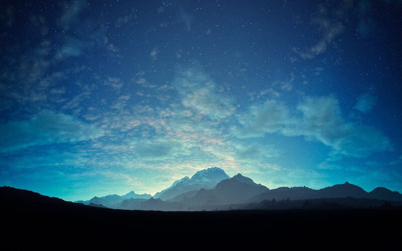 Mountain Range at Night — Blue, Serene, Digital Art, Stars