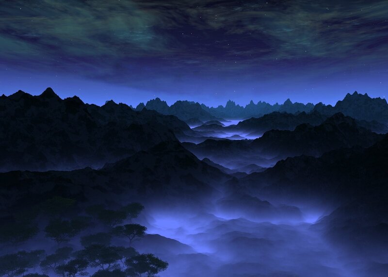 Mountain Range at Night — Blue, Serene, Digital Art