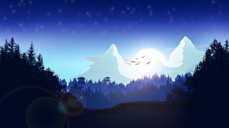 Mountain Range at Night — Blue, Serene, Digital Art, Trees