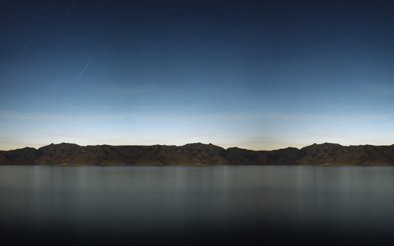 Mountain Range at Night — Blue, Serene, Photograph, Mountains, Lake, Stars, Black