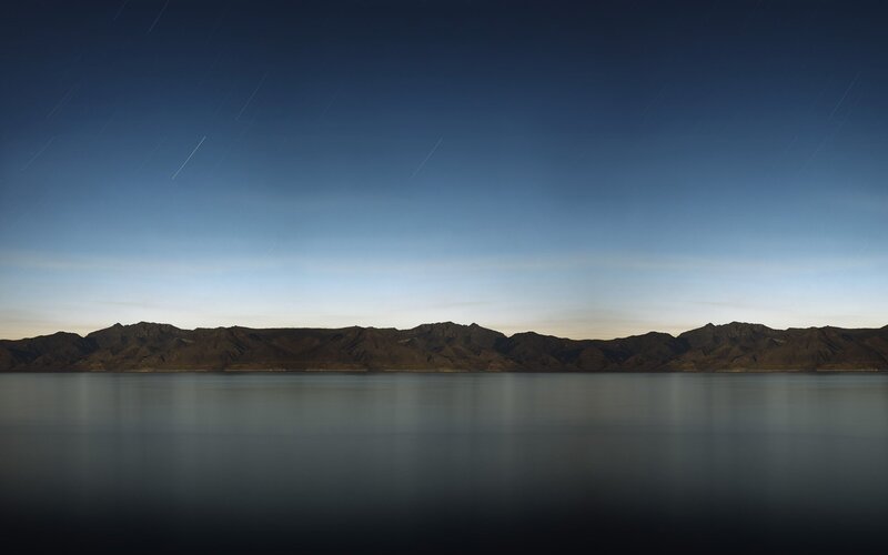 Mountain Range at Night — Blue, Serene, Photograph, Stars, Lake, Sky, Black