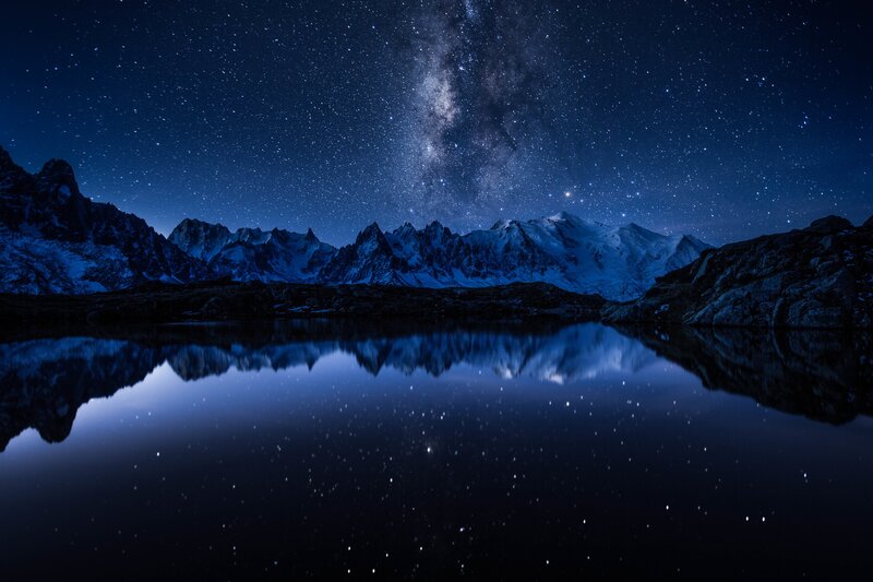 Mountain Range at Night — Blue, Serene, Photograph, Stars, Lake, Snow