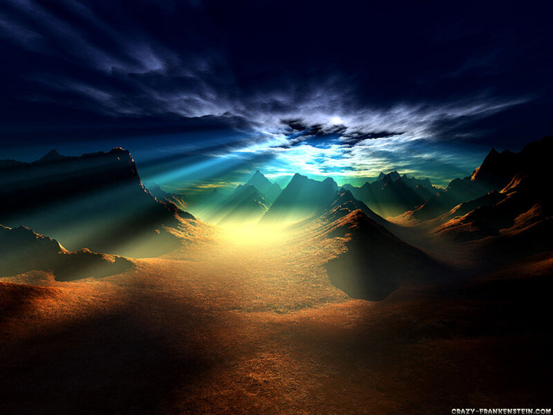 Mountain Range at Sunrise — Blue, Dramatic, Digital Art, Mountains, Sunlight