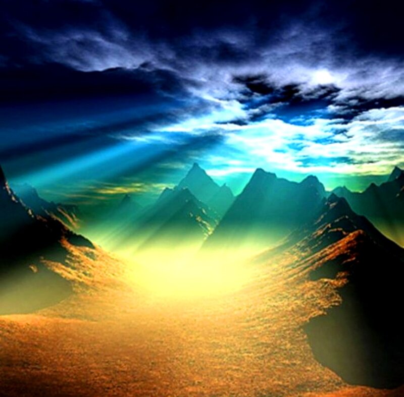 Mountain Range at Sunrise — Blue, Dramatic, Digital Art, Mountains