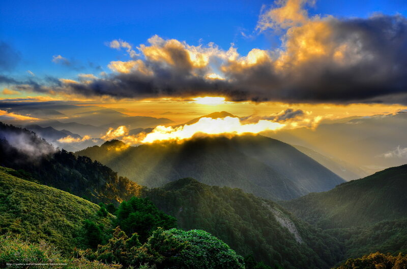 Mountain Range at Sunrise — Blue, Dramatic, Photograph, Clouds, Forest
