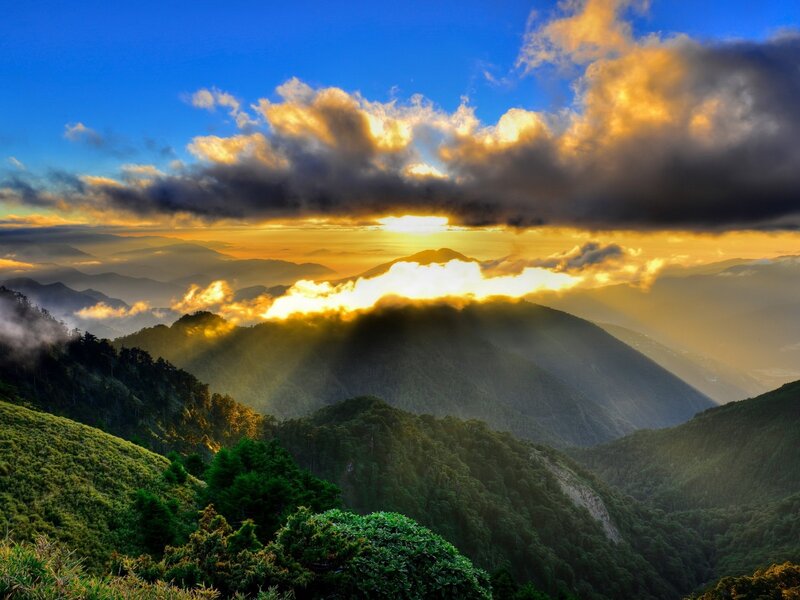 Mountain Range at Sunrise — Blue, Dramatic, Photograph, Clouds, Sunlight