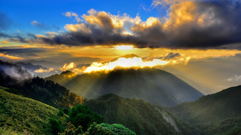Mountain Range at Sunrise — Blue, Dramatic, Photograph, Clouds