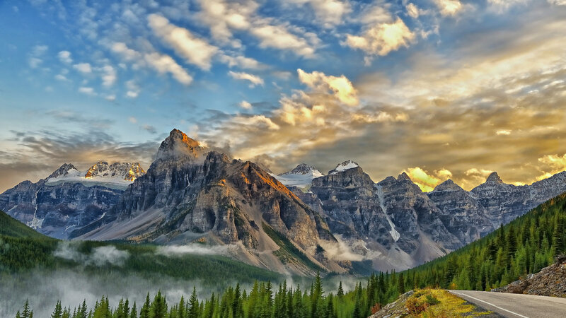 Mountain Range at Sunrise — Blue, Dramatic, Photograph, Forest, Road