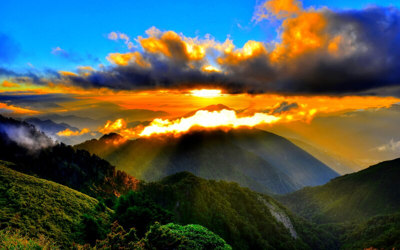Mountain Range at Sunrise — Blue, Dramatic, Photograph, Sun