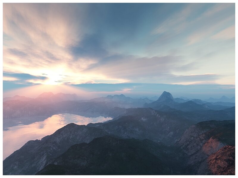 Mountain Range at Sunrise — Blue, Serene, 3d Render, Sun