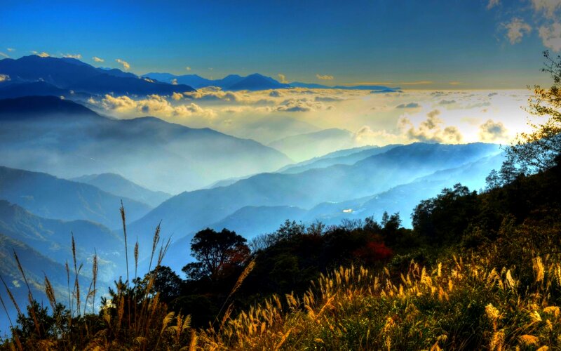 Mountain Range at Sunrise — Blue, Serene, Photograph, Clouds, Grass