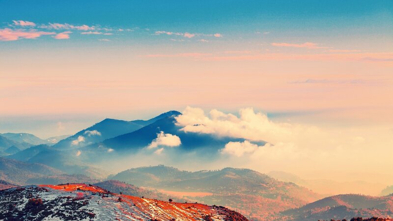 Mountain Range at Sunrise — Blue, Serene, Photograph, Clouds, Hills