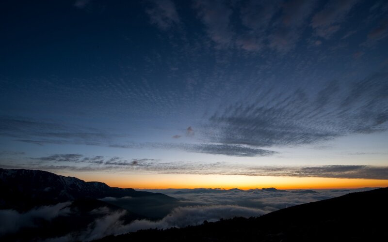 Mountain Range at Sunrise — Blue, Serene, Photograph, Clouds, Sky, Mountains