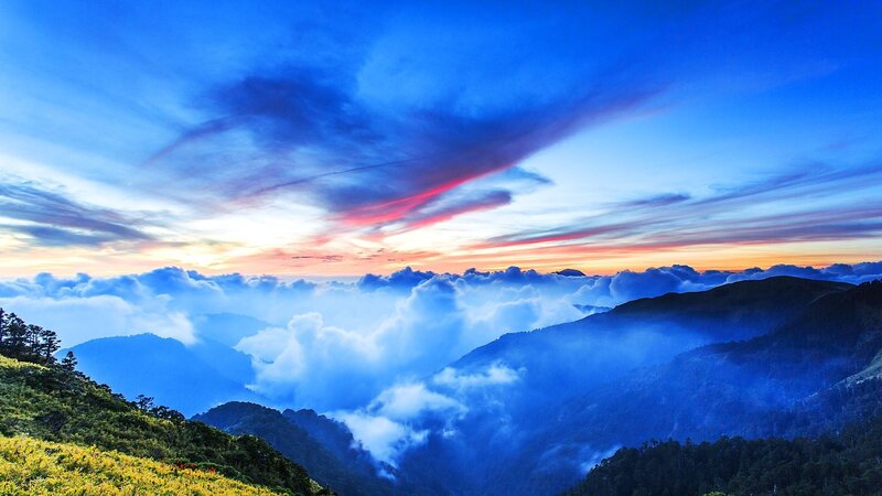 Mountain Range at Sunrise — Blue, Serene, Photograph, Clouds, Sky