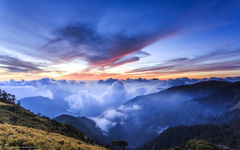 Mountain Range at Sunrise — Blue, Serene, Photograph, Clouds, Sky, Trees