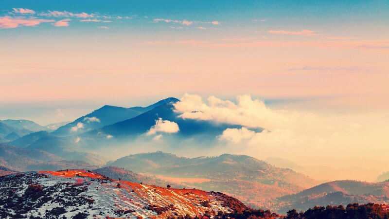 Mountain Range at Sunrise — Blue, Serene, Photograph, Clouds, Snow