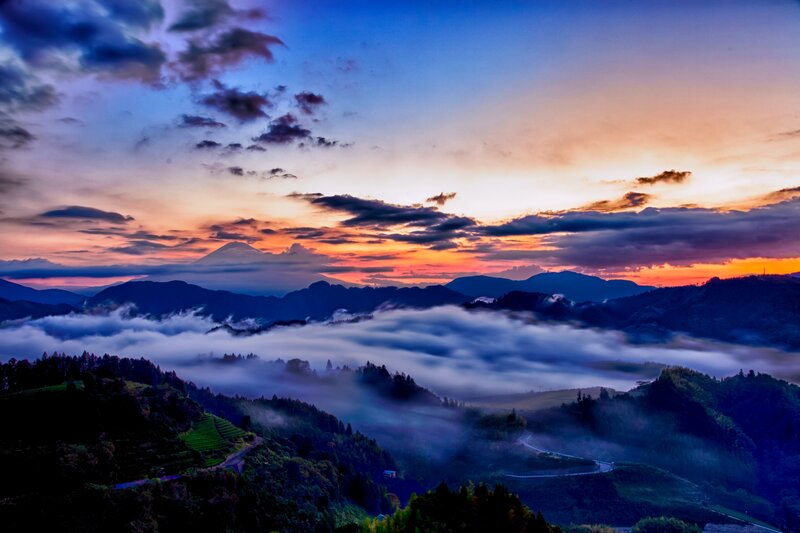 Mountain Range at Sunrise — Blue, Serene, Photograph, Clouds