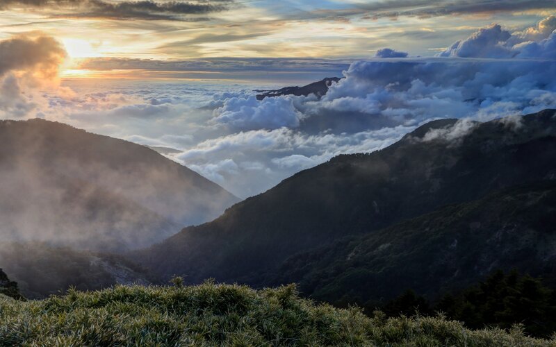 Mountain Range at Sunrise — Blue, Serene, Photograph, Clouds, Valley