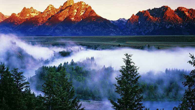 Mountain Range at Sunrise — Blue, Serene, Photograph, Fog, Trees, River, Green
