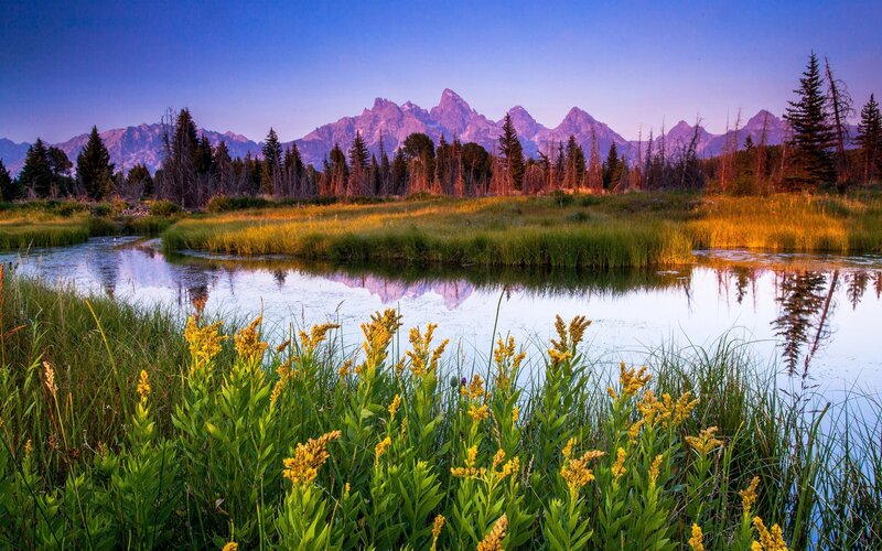 Mountain Range at Sunrise — Blue, Serene, Photograph, Lake