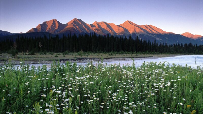 Mountain Range at Sunrise — Blue, Serene, Photograph, River, Forest