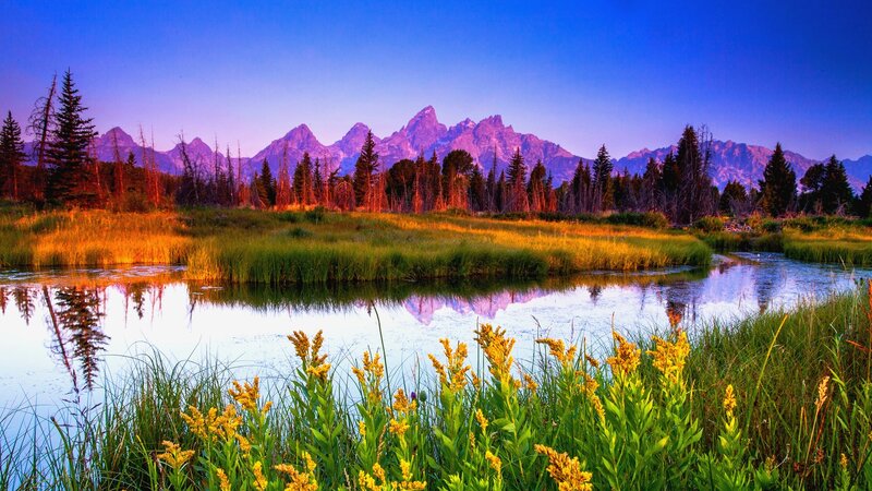 Mountain Range at Sunrise — Blue, Serene, Photograph, River