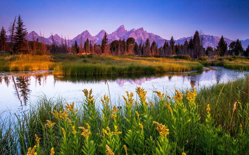 Mountain Range at Sunrise — Blue, Serene, Photograph, River, Trees