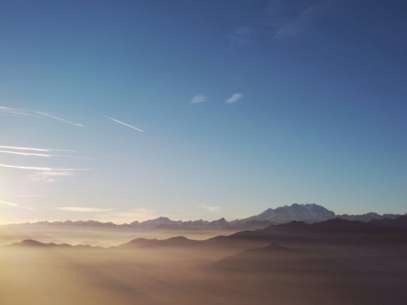 Mountain Range at Sunrise — Blue, Serene, Photograph, Sky
