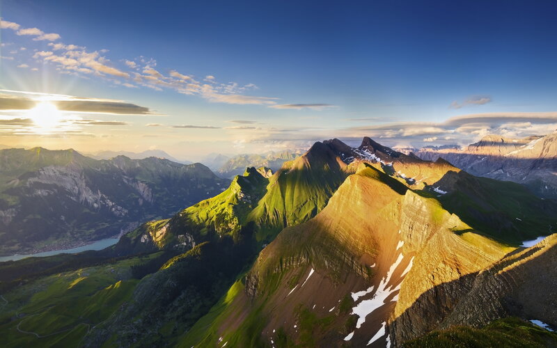 Mountain Range at Sunrise — Blue, Serene, Photograph, Sun, Clouds
