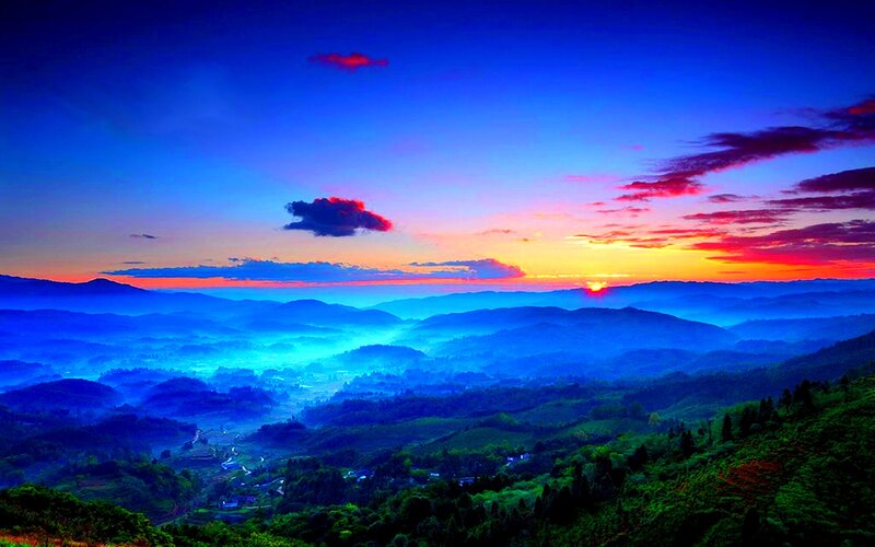Mountain Range at Sunrise — Blue, Serene, Photograph, Sun