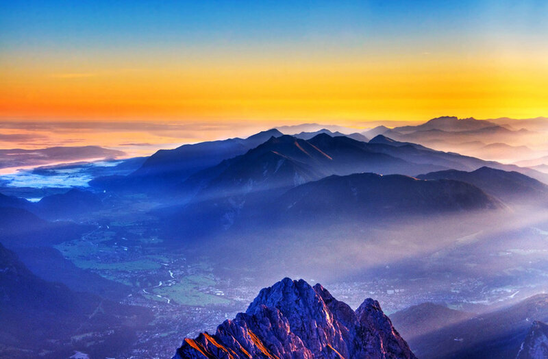 Mountain Range at Sunrise — Blue, Serene, Photograph