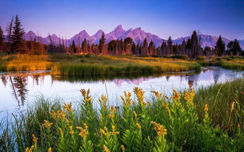 Mountain Range at Sunrise — Blue, Serene, Photograph, Trees, Pond