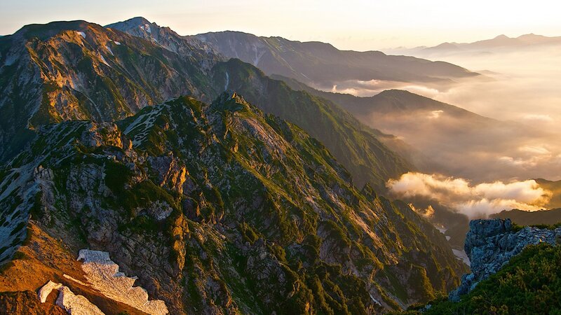 Mountain Range at Sunrise — Green, Serene, Photograph, Clouds