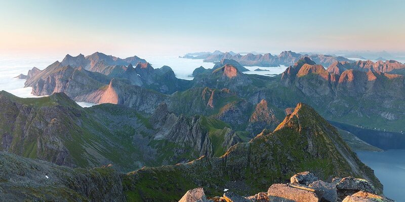 Mountain Range at Sunrise — Green, Serene, Photograph, Clouds, Valley, Sea