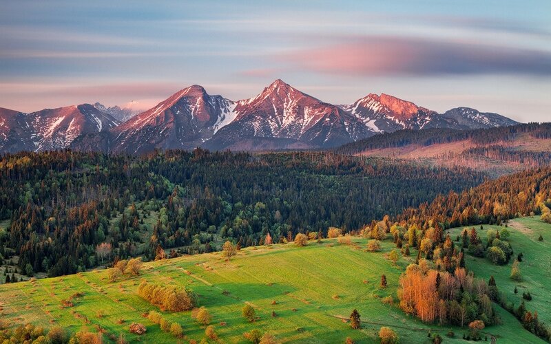 Mountain Range at Sunrise — Green, Serene, Photograph, Forests