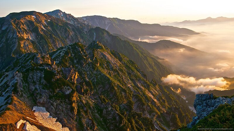 Mountain Range at Sunrise — Green, Serene, Photograph